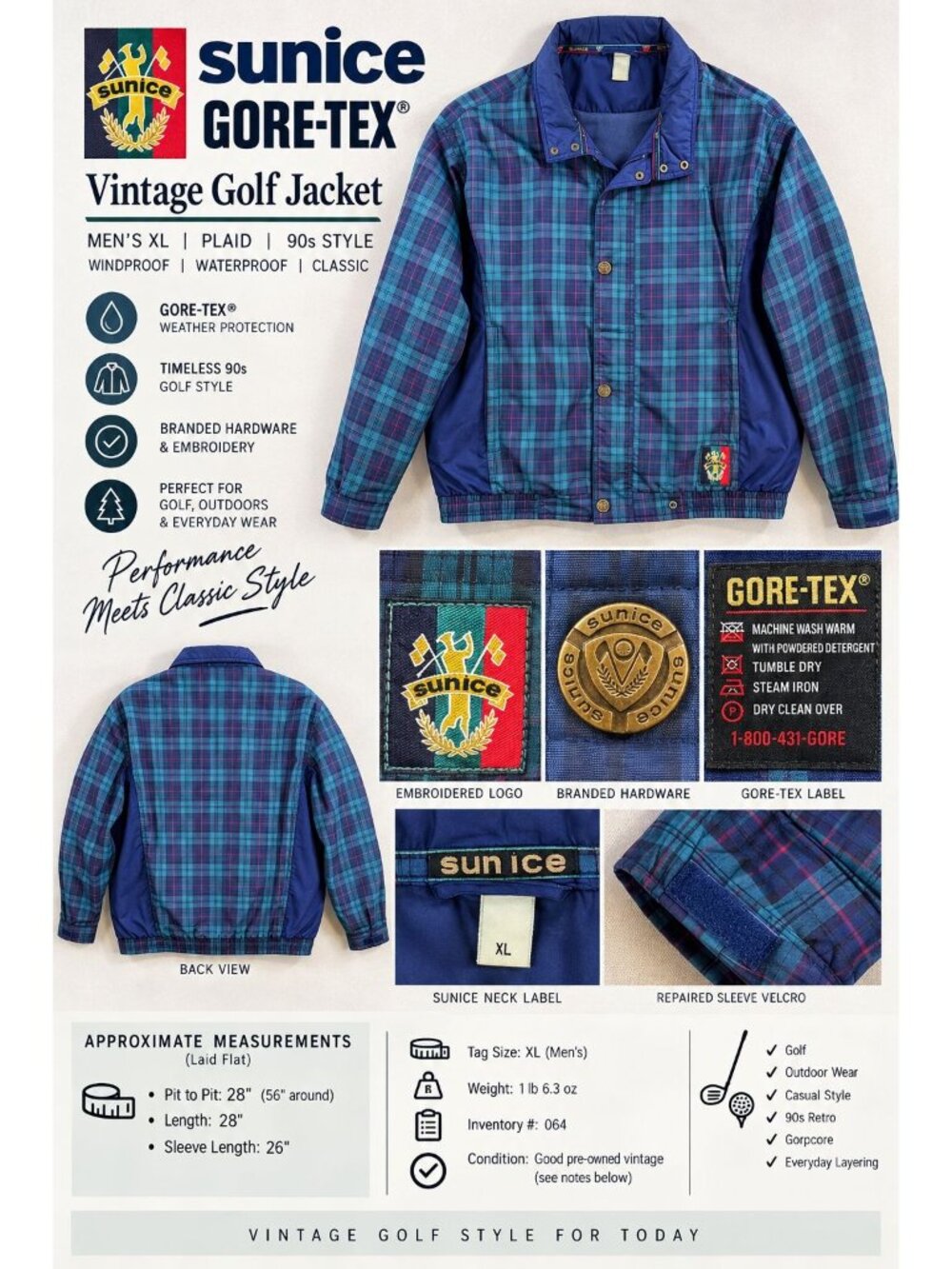 HK64 - Vintage Sunice Gore-Tex Golf Jacket Men’s XL Plaid Navy Green 90s Windbre